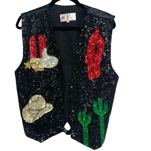 jc Vintage Sequin Western Boots Cactus Hat Bedazzled Costume Vest Size Large - Picture 1 of 4